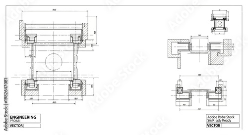 Technical blueprint shows two detailed orthographic projections of a mechanical component, displayed with precise dimensions and annotations against a stark white background