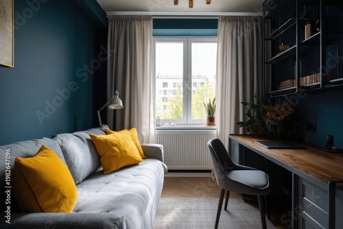 A modern and stylish living room features a comfortable gray sofa with yellow accents, a wooden desk, and a large window overlooking a cityscape.