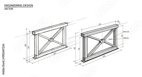 Technical engineering drawing showcasing two isometric views of a structural support design with precise dimensions and annotations against a clean white background, presented in a detailed