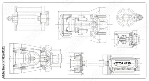 Detailed technical blueprint illustration with multiple views of an engine component, rendered in a clean, schematic style with precise line work against a white background