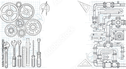 Detailed technical drawing featuring gears, wrenches, and pipes arranged on a white background with a blueprint grid, rendered in a monochromatic color scheme, evoking a precise