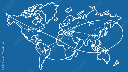 Global travel routes illustrated on a world map with airplane icons showing international flight paths connecting continents and destinations