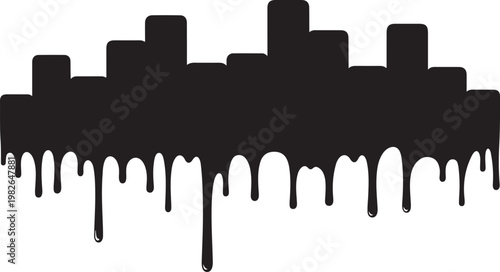Black dripping cityscape silhouette, urban graffiti style vector graphic, city skyline with liquid paint effect, modern illustration