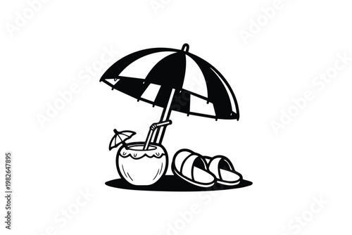 Tropical Beach Umbrella with Coconut Drink and Flip Flops Summer Vacation Line Art Illustration, Suitable for Travel Ads, Resort Branding, and Holiday Design