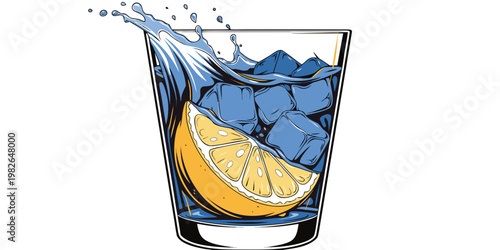 High-contrast graphic vector illustration of a cold beverage in a glass containing ice cubes and a large lemon wedge with a dynamic water splash effect beverage refreshment illustration