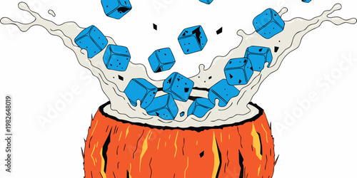 Creative graphic illustration of a tropical coconut shell filled with white milk splashing upwards with blue ice cubes floating and flying against a white background non dairy coconut water