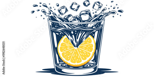 Stylized graphic illustration of a refreshing glass of dark soda or cold brew with a lemon slice inside and ice cubes splashing out against a white background refreshment beverage cocktail