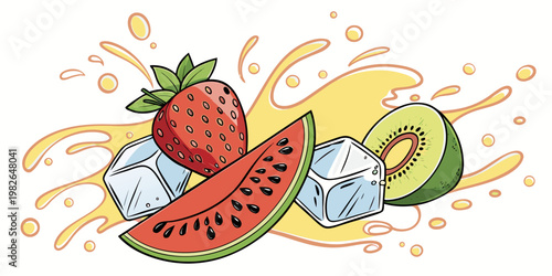 Refreshing summer fruits splash with strawberry watermelon kiwi and ice cubes - fresh drink ingredients illustration white background strawberry watermelon refreshing cocktail delicious