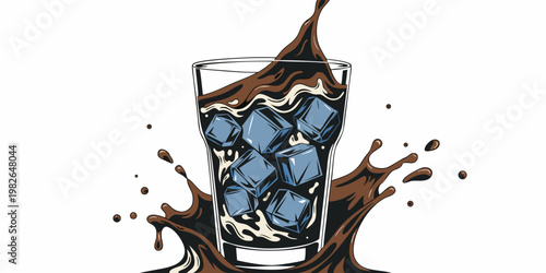 Iced coffee splash in a clear glass with ice cubes - refreshing cold beverage drink illustration white background cool drink cold brew beverage refreshing chocolate refreshment isolated