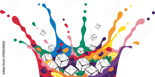 Dynamic colorful fruit splash with mixed berries citrus and ice cubes - refreshing beverage concept illustration white background colorful refreshing beverage strawberry raspberry