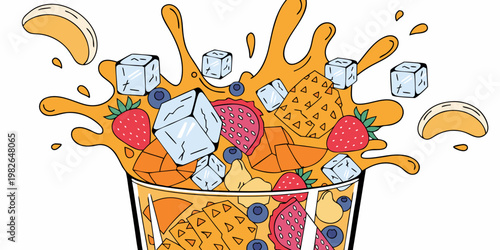 Fruit smoothie or juice overflowing with strawberries blueberries dragon fruit mango pineapple ice cubes splashing dynamically from a glass in a colorful vector illustration smoothie beverage