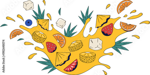 Heart-shaped yellow fruit juice splash with pineapple orange strawberry blueberry pieces and ice cubes tropical summer drink ice cube fruit salad heart shape design element cut fruit