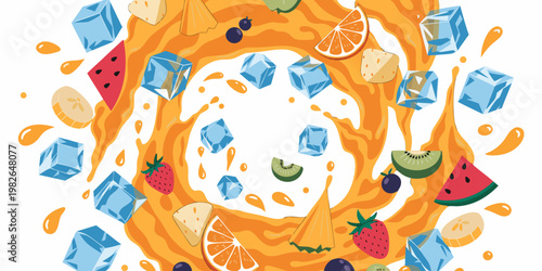 Refreshing orange fruit juice swirling vortex with an assortment of watermelon banana kiwi strawberry orange pineapple blueberry pieces and ice cubes ice cube fruit salad design element