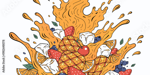 Dynamic orange fruit juice splash with bursting pineapple orange strawberry blueberry cherry ice cubes refreshing tropical drink ice cube fruit salad design element diet drink summer cockta