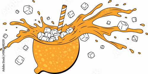 Fresh orange juice splash with many ice cubes and a striped drinking straw illustration refreshment beverage illustration background isolated delicious colorful creative breakfast