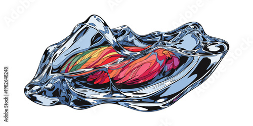 Artistic graphic illustration of a colorful tropical fish perfectly encased in a transparent block of melting ice with reflections and liquid ripples on a white background freshwater saltwater