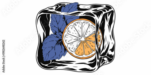 Fresh lemon slice and mint leaves frozen inside a clear ice cube illustration with refreshing beverage cocktail ingredient isolated illustration transparent abstract culinary