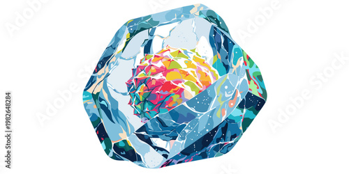 Multi-layered crystalline abstract graphic of a multicolored gemstone with geometric facets and radiant inner core on white background gemstone abstract geometric multicolored illustration