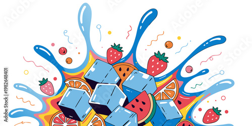 Comic style graphic illustration of blue ice cubes and various fresh fruits like strawberry watermelon and orange slices exploding in a colorful water splash on white background with strawberry