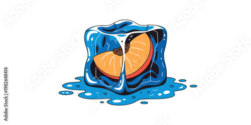 Cartoon style illustration of a fresh peach fruit slice frozen inside a melting blue ice cube sitting in a puddle of water isolated on a plain white background for refreshment concepts