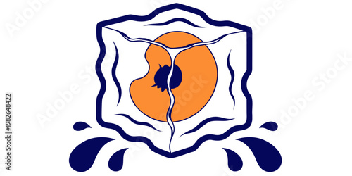 Fresh juicy peach slice frozen inside a transparent crystal ice cube with liquid water splashes and droplets graphic illustration isolated on white background refreshment transparent isolated