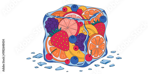 Fresh mixed fruits and berries frozen inside a large square ice cube with ice shards strawberry blackberry refreshing illustration isolated background vitamins ingredient culinary