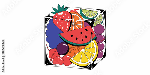 Colorful vector illustration of various fresh fruits like watermelon slices strawberries oranges cherries frozen inside a solid clear ice cube with watermelon strawberry refreshment cocktail