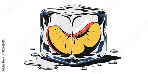 Detailed cartoon illustration of a fresh peach fruit slice inside a transparent crystalline ice cube melting on a surface with water puddles and shadows isolated on white background, transparent