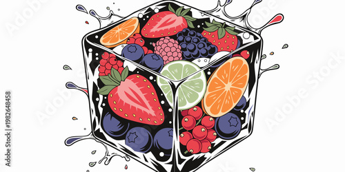 Artistic graphic illustration of a frozen ice cube containing strawberries blueberries citrus slices with dynamic water splashes on a clean white background strawberry blueberry