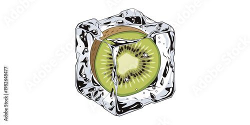 Illustration of a fresh green kiwi slice frozen inside a crystalline ice cube on a white background with tropical refreshment preserve isolated illustration transparent breakfast wellness