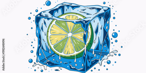 Stylized graphic design of a fresh lime slice encased inside a large blue crystalline ice cube with summer time refreshing illustration cocktail beverage abstract creative droplets