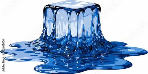 Detailed illustration of a melting ice cube creating a liquid puddle with dripping illustration refreshing beverage temperature isolated background refreshment splashing