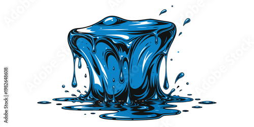 Stylized illustration of melting ice cube with dripping water splashes dripping illustration refreshing beverage temperature isolated background refreshment splashing abstract