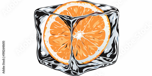 Orange slice frozen inside a clear ice cube with frozen fruit ice block ice chunk white background food and drink refreshment refreshing ingredient beverage cocktail abstract isolated