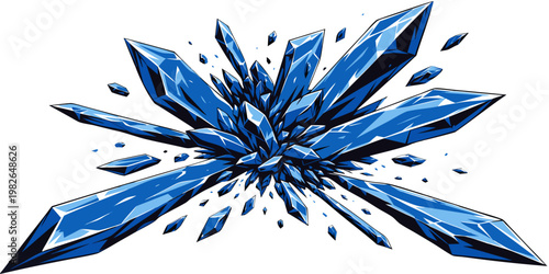 Exploding dynamic sharp blue crystal shards on white background with explosion shattered geometric abstract isolated background structure reflection scattered fragments contrast