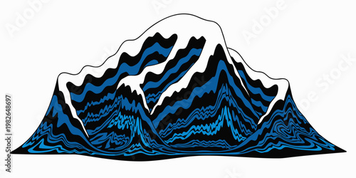 Stylized mountain peak illustration featuring swirling blue and black strata patterns mountain landscape illustration formation abstract adventure environment topography minimalist
