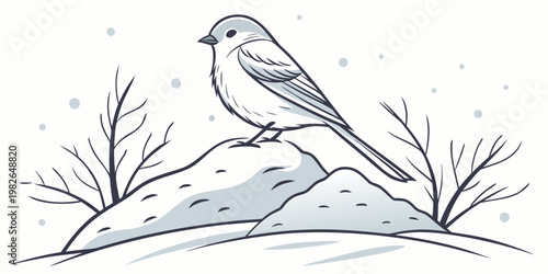 Small bird perched on a snowy rock in winter with wildlife branches standing minimalist illustration environment peaceful seasonal landscape isolated birdwatching woodland creature