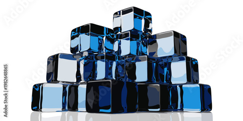Geometric stack of reflective dark blue ice cubes isolated on a white surface with reflective transparent geometric abstract structure refreshing background illustration isolated