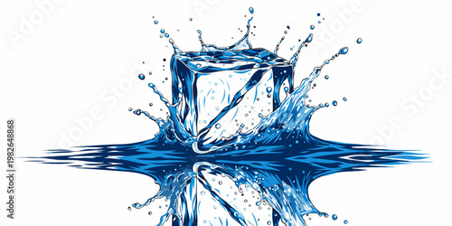 Blue ice cube falling into water with bright splash and reflection illustration isolated refreshing transparent dramatic movement abstract beverage coldness reflection