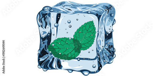 Single clear ice cube with fresh green mint leaves inside and water droplets surface detail refreshment transparent isolated illustration cocktail beverage reflection moisture aromatic
