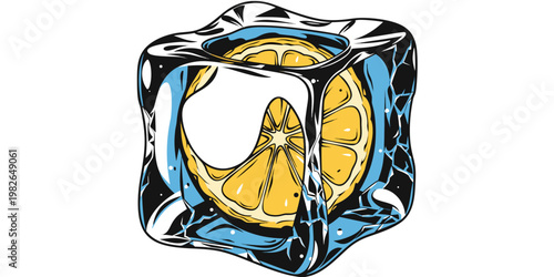 Graphic illustration of a slice of fresh lemon frozen inside a clear ice cube with refreshing illustration cocktail ingredient beverage isolated transparent stylized refreshment