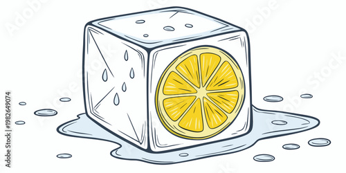 Cartoon style drawing of a lemon slice inside a melting ice cube with water puddles refreshing illustration isolated background beverage cocktail refreshment