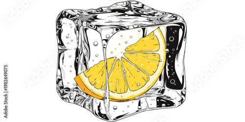 Stylized artistic graphic of a citrus lemon wedge frozen in a clear ice cube with illustration refreshing transparent cocktail beverage stylized contrast refreshment advertising