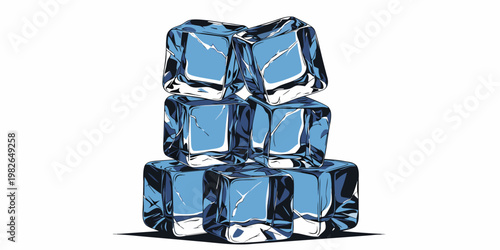 Stack of six transparent ice cubes on a white background with ice cube refreshment transparent illustration abstract background isolated beverage elemental drinkware condensed