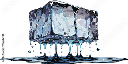 Cracked ice cube melting with dripping water dripping abstract illustration refreshment elemental isolated background movement