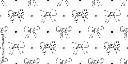 Seamless pattern of black bows and stars, festive background, celebration elements, scrapbook paper texture.