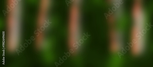 Abstract Nature Blur Background with Vertical Tree Trunks and Green Foliage Bokeh. Soft Defocused Forest Landscape with Natural Green and Earthy Brown Tones