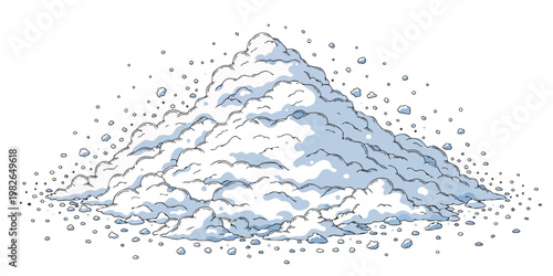Large pile of fluffy snow with scattered snowflakes during winter mountain snowfall illustration landscape background accumulation isolated seasonal whiteout blizzard environment