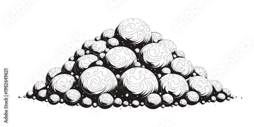 Abstract pile of textured spheres in black and white monochrome design with line art abstract textured monochrome geometric creative illustration minimalist formation structure