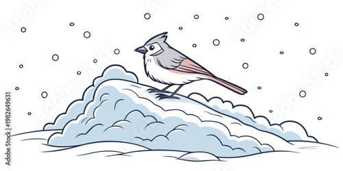 Tufted titmouse bird on a snowdrift during winter snowfall with titmouse snowfall illustration wildlife isolated minimalist stylized character landscape background seasonal